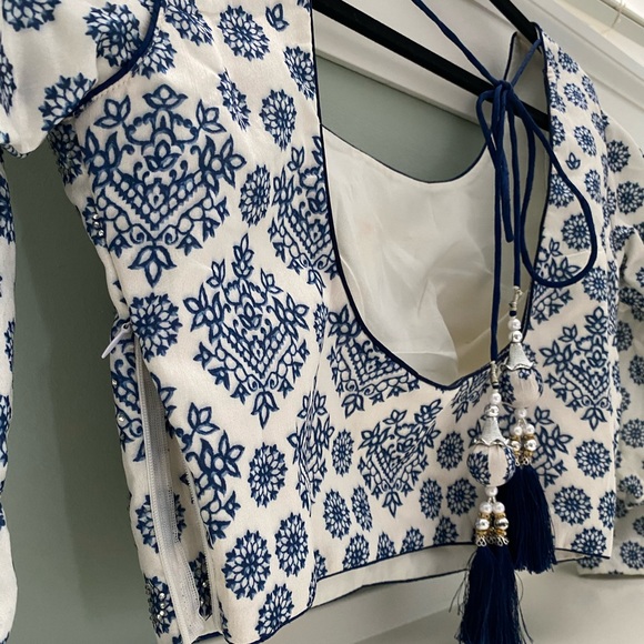 Navy Blue and White Silk Lengha - Picture 3 of 6